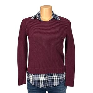 Lauren Ralph Lauren Womens Burgundy Shaker Knit Plaid Layered Sweater Size S